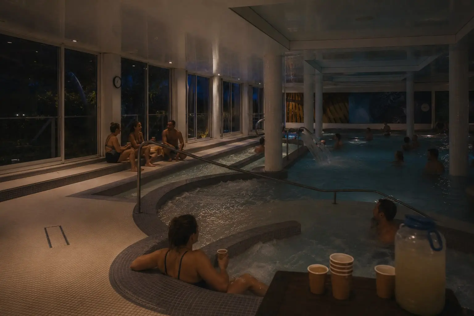 Piscine d'eau de mer chauffée et jacuzzis de la thalasso de La Grande-Motte en soirée
