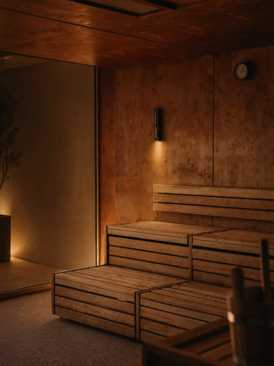 Sauna en bois clair, banquettes et lumière tamisée
